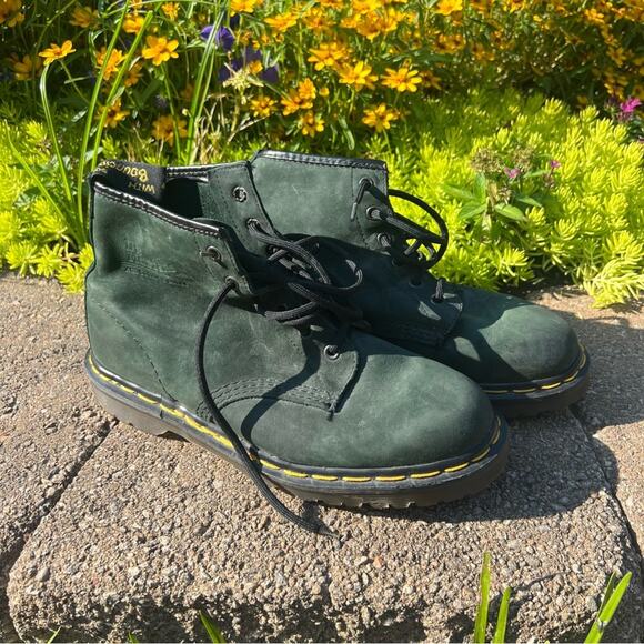 90s Dr. Doc Martens Suede Green 6 Eye Boots Made in England UK 7 / US M8 / US W9 - Picture 6 of 8